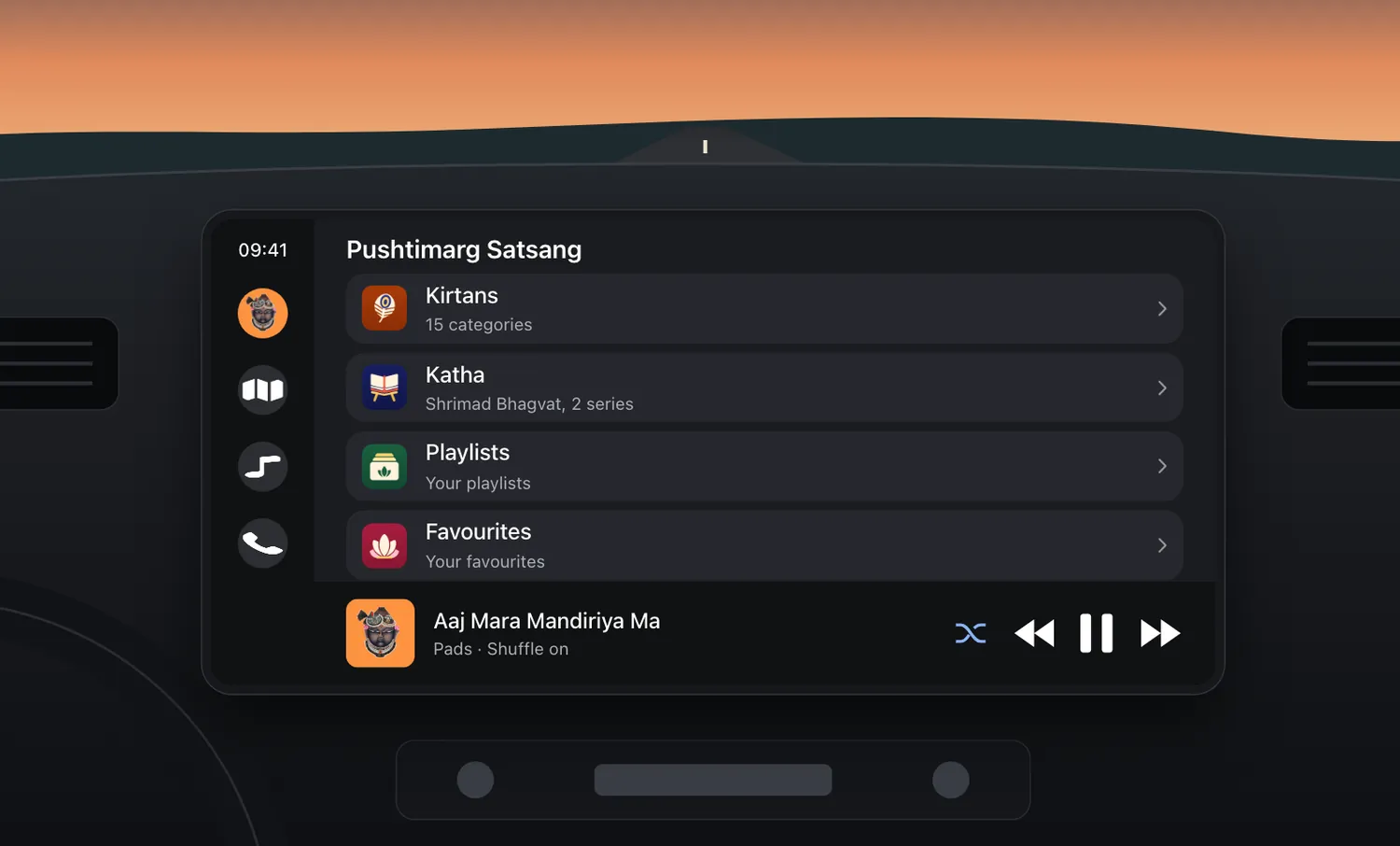 A car dashboard with Android Auto listing kirtans, katha, playlists and favourites, with a kirtan playing on shuffle.
