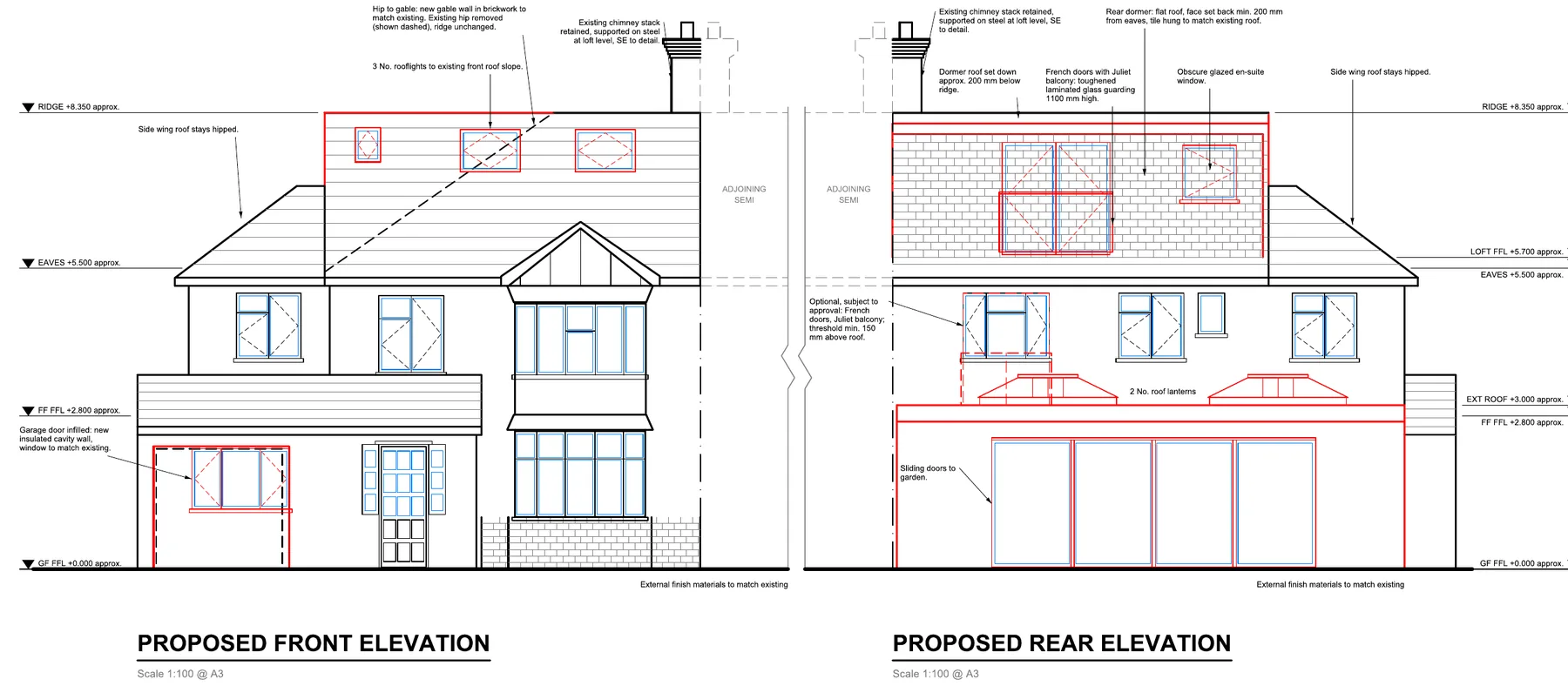 Proposed front and rear elevations of a house, with new work in red and dimensions and notes around it.