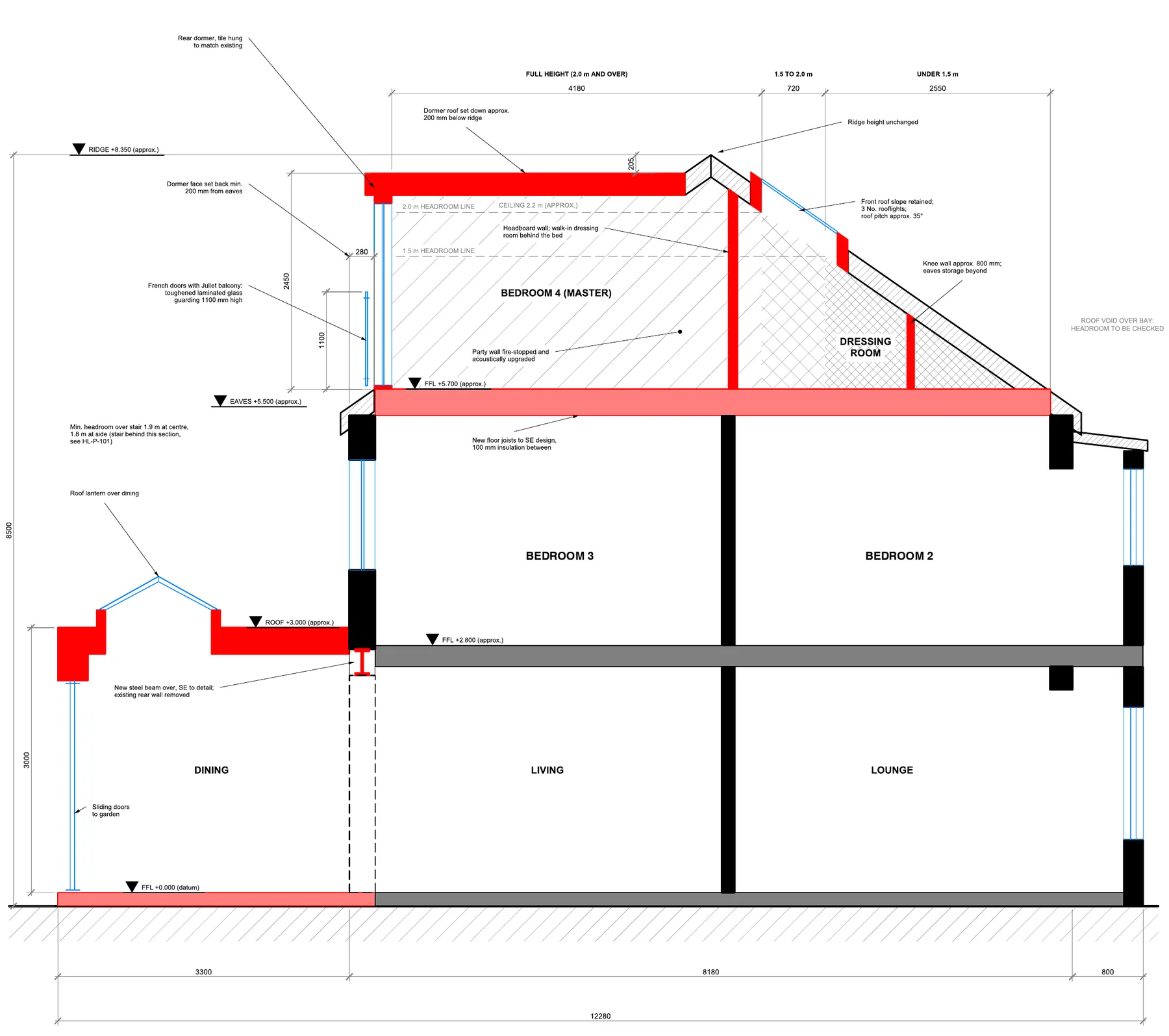 A cross section through the house showing the new loft, the extension, levels and headroom lines.