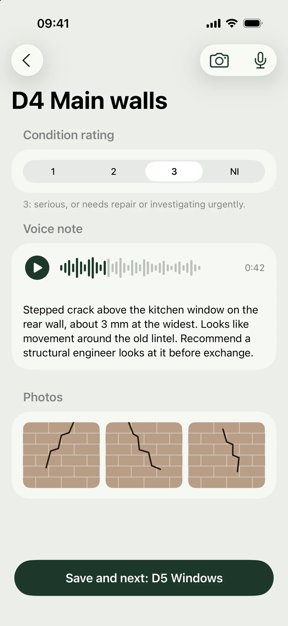 An iPhone showing the main walls section of a survey with a condition rating, a voice note and photos of a crack.