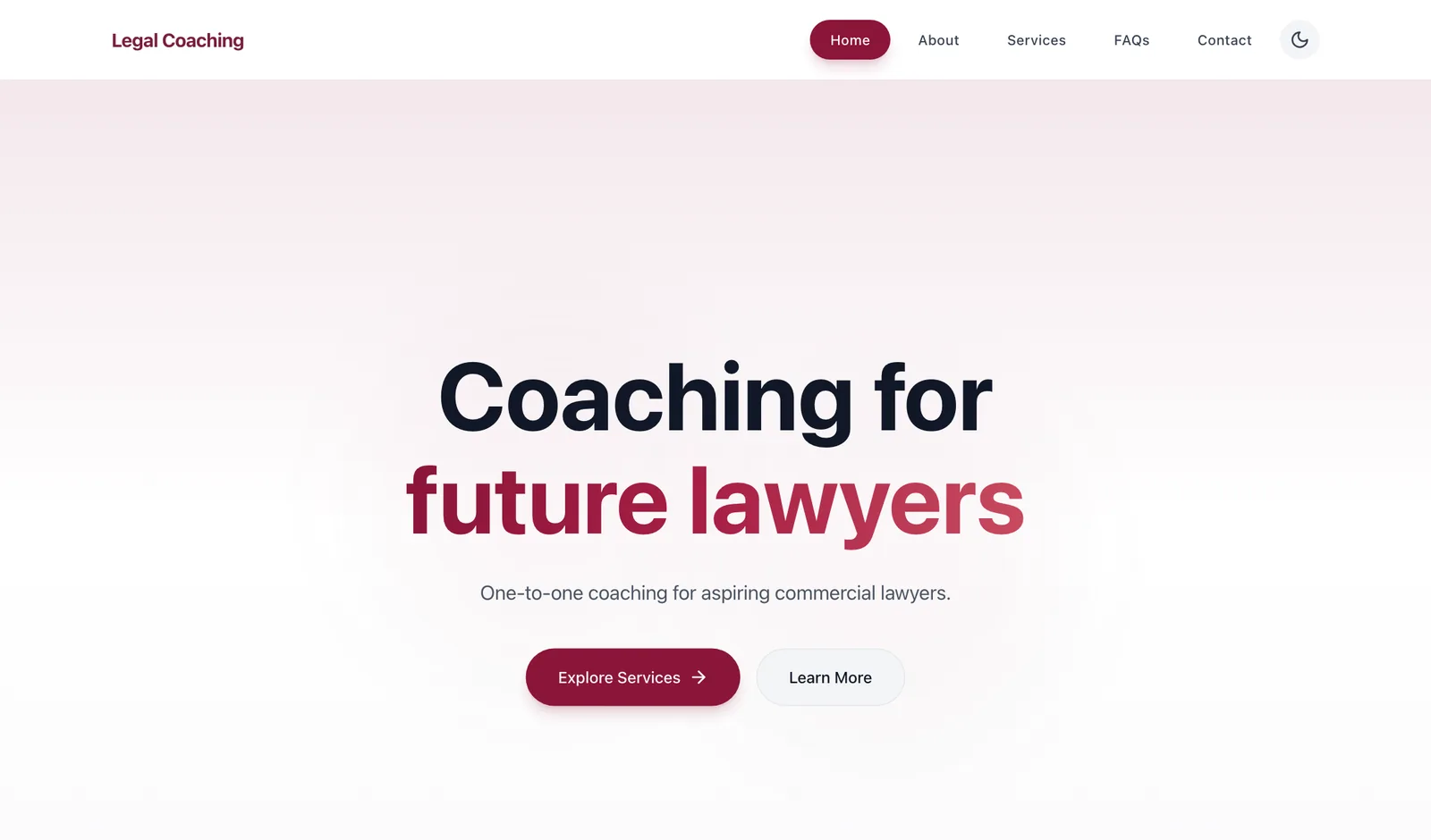 A coaching home page for aspiring commercial lawyers.