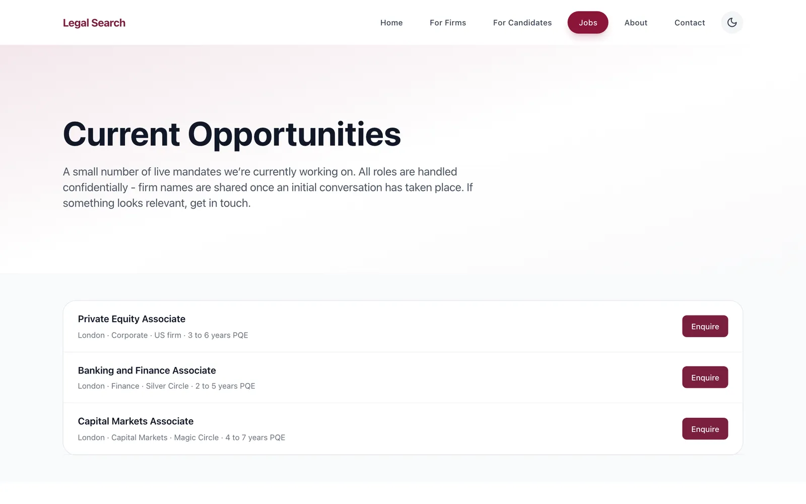 A job board listing confidential legal roles with practice area, firm type and level of experience.