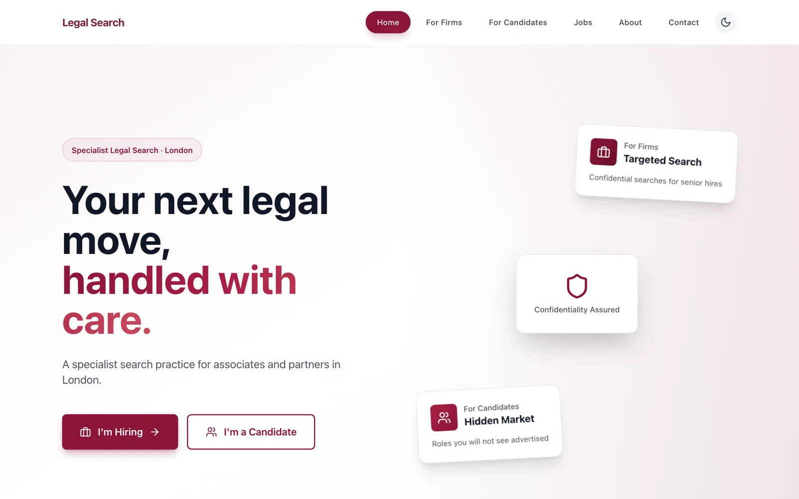 A legal search firm's home page with routes for law firms hiring and for candidates.
