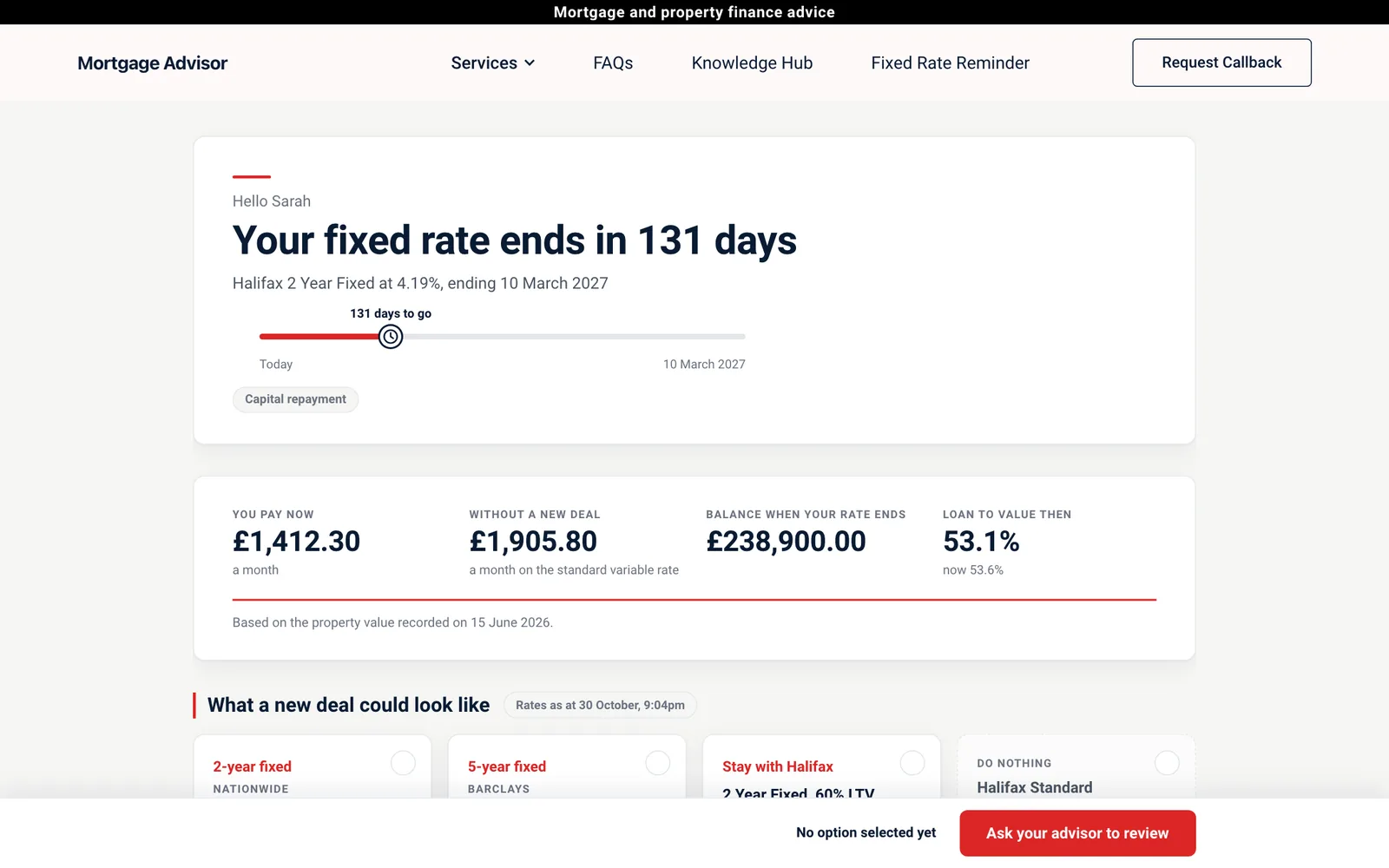A client's private page showing days until their fixed rate ends, their payment now and new deal options.