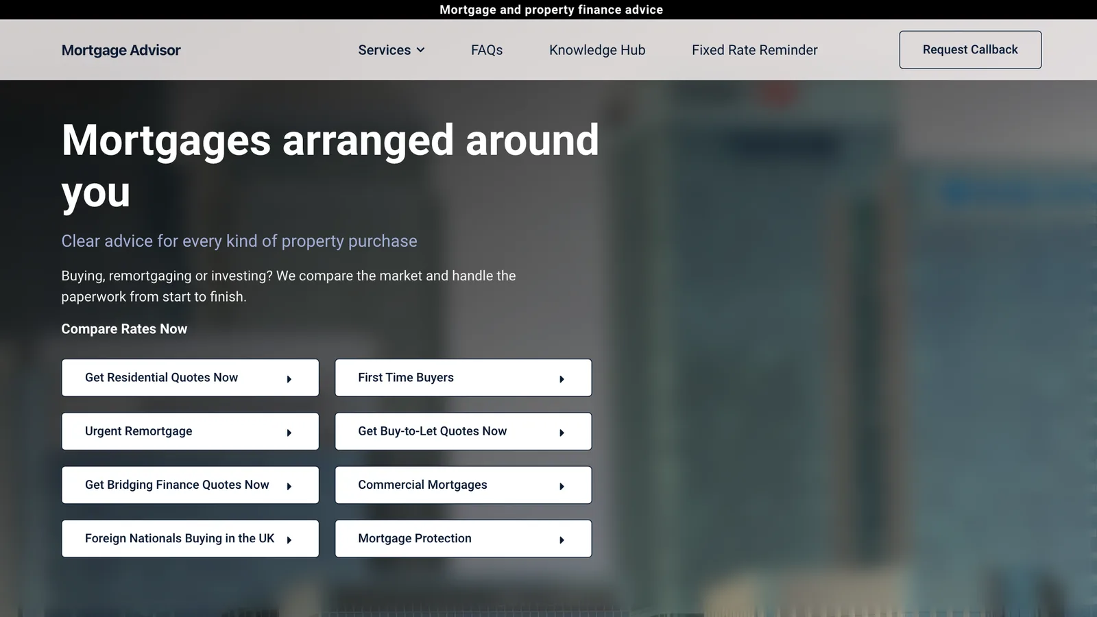 A mortgage broker's home page with routes into each type of mortgage.