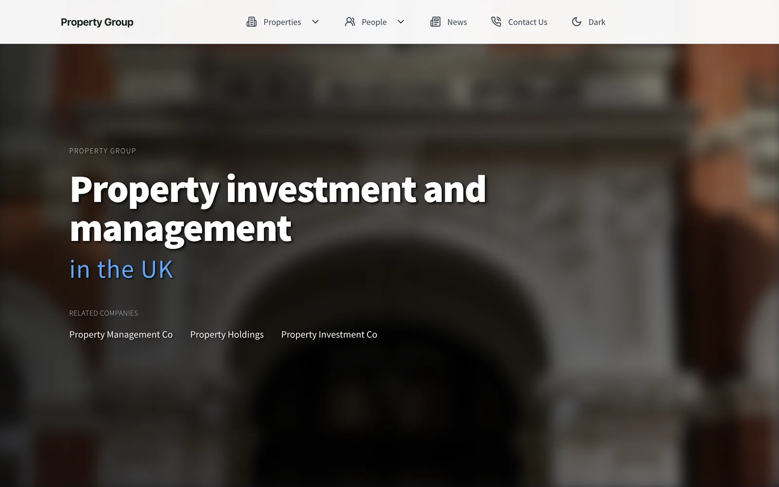 A property group's home page with a large heading over a photograph.