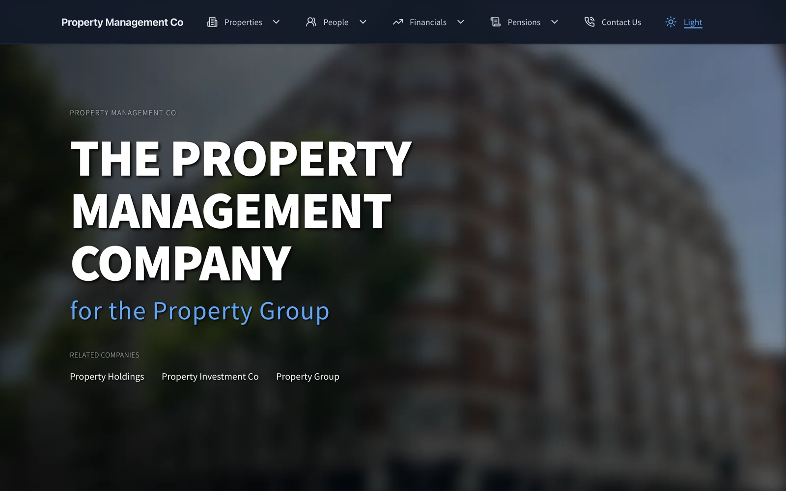 Home page for the management company in dark mode.