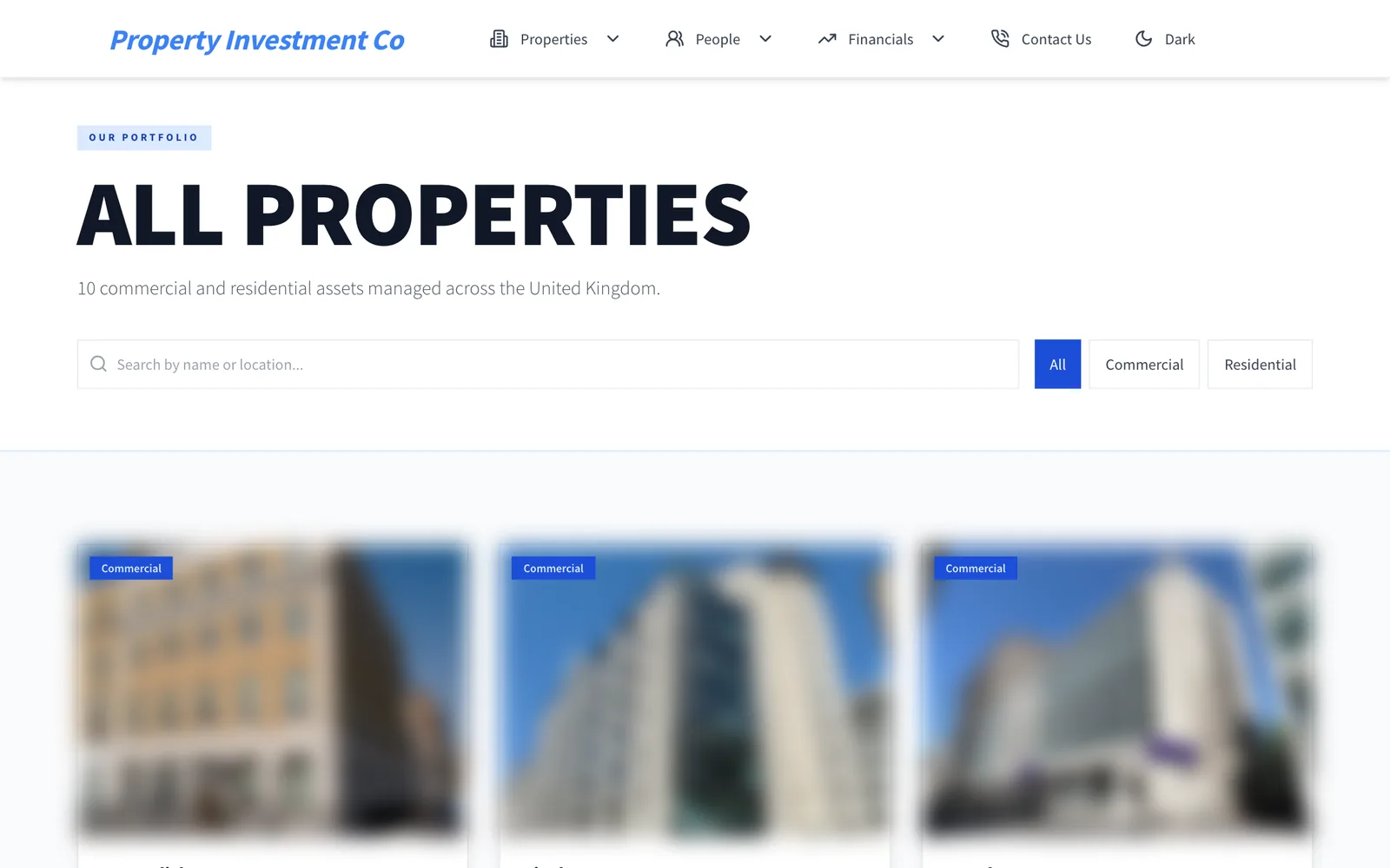 A portfolio page with a search box, commercial and residential filters and property cards.