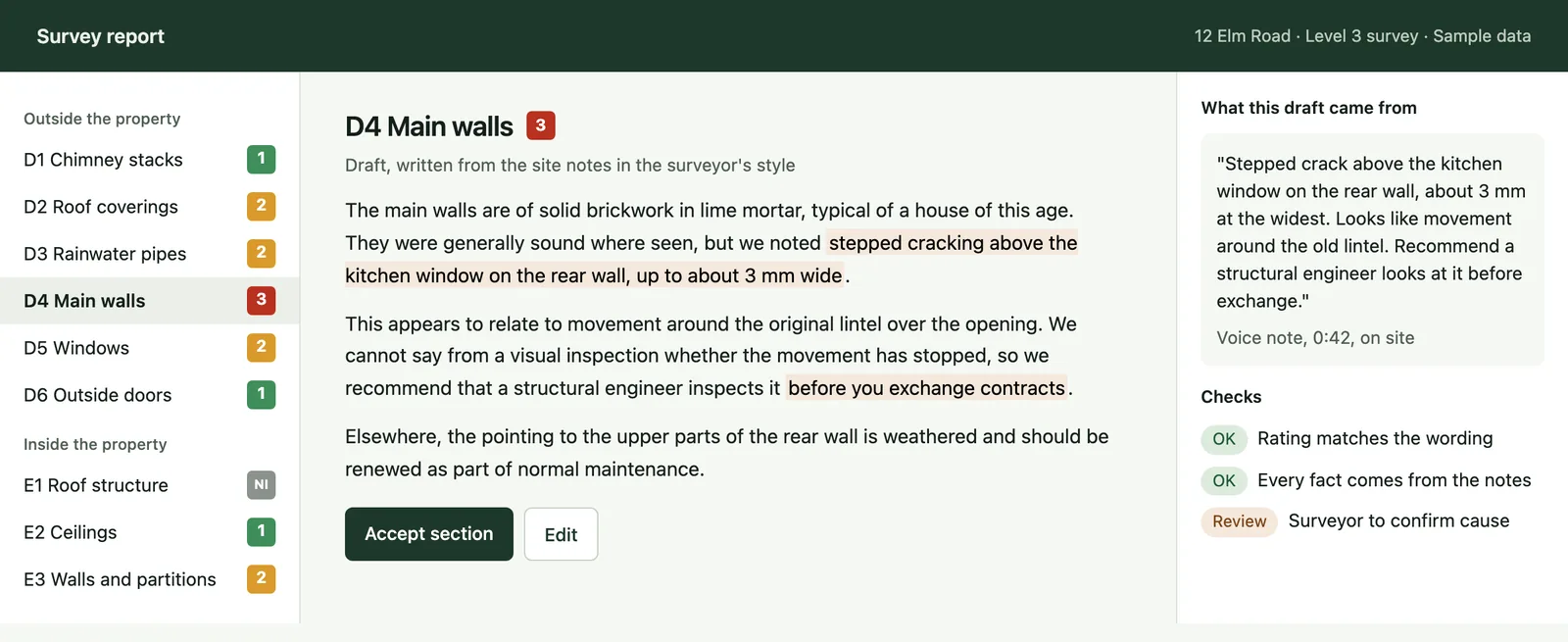 A survey report editor with sections and condition ratings, a drafted main walls section and the site note it came from.