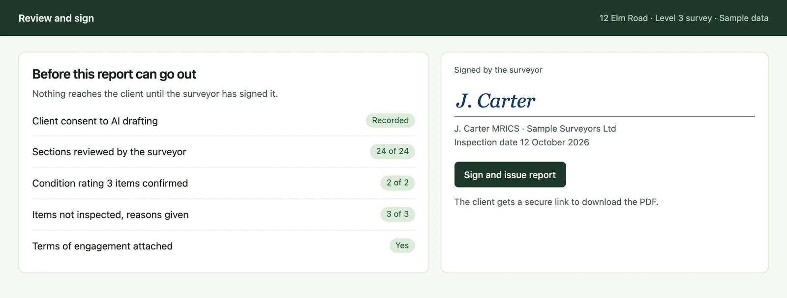 A review screen listing client consent, sections reviewed and condition ratings confirmed, with a signature and a sign and issue button.
